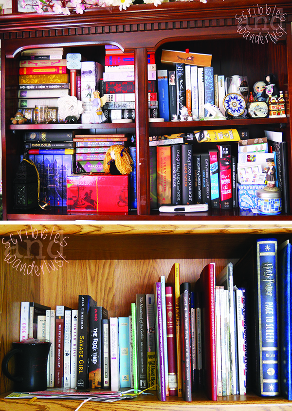 TOP: Jane Austen collection, Jane Eyre editions, Wuthering Heights editions, Harry Potter collection, and DoSaB collection BOTTOM: W-Z, children's books, and Harry Potter-related books. The following shelves on this bookcase contain photo albums, nonfiction essentials, and pantry items. This bookcase acts more like a junk drawer than anything else.